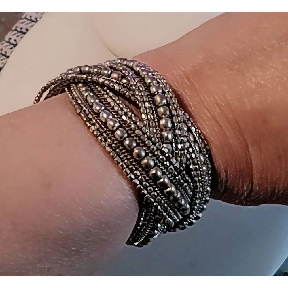 Trendy Wide Silver Multi Bead Triple Twist Memory Cuff Bracelet